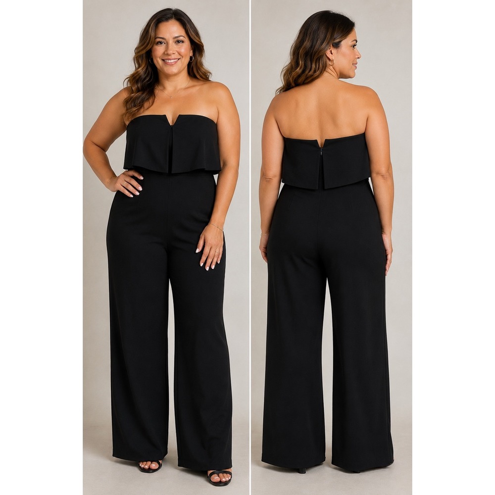 Lulus‎ Black Strapless Notched Popover Wide Leg Jumpsuit Formal Size S